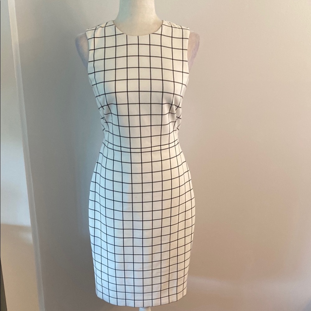 Calvin Klein White Midi Dress with Black Windowpane Grid